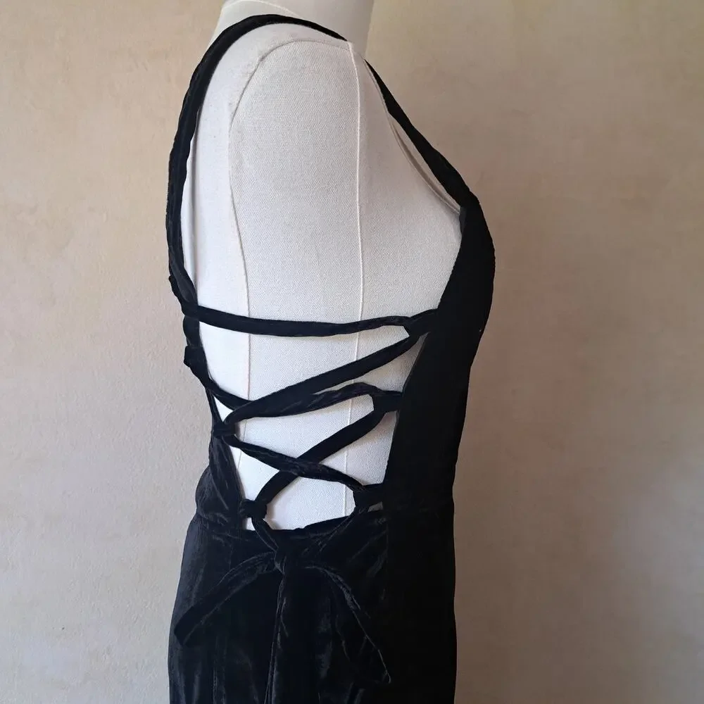 FREE PEOPLE Black Crushed Velvet 90s Forever Lace Up Jumpsuit Wide Leg Small